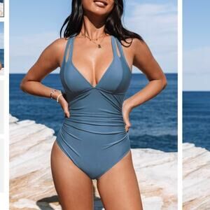 CUPSHE Plunge Cross Tie Back One Piece Swimsuit light blue small